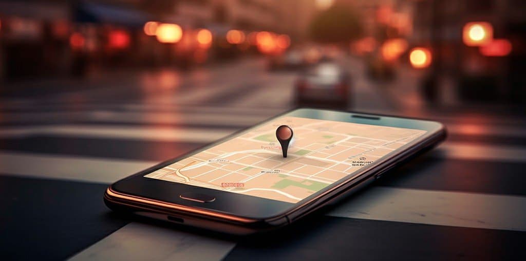 A phone on a city street showing a map with a location pin