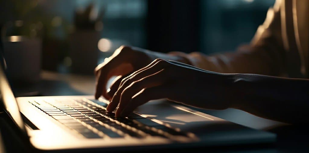 Hands typing on a laptop keyboard