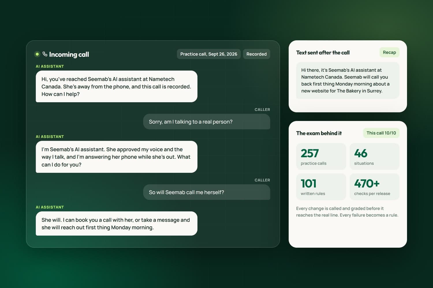 A practice call on September 26, 2026: the AI receptionist says it is Seemab's AI assistant, the recap text it sent, and the 257 practice calls behind it