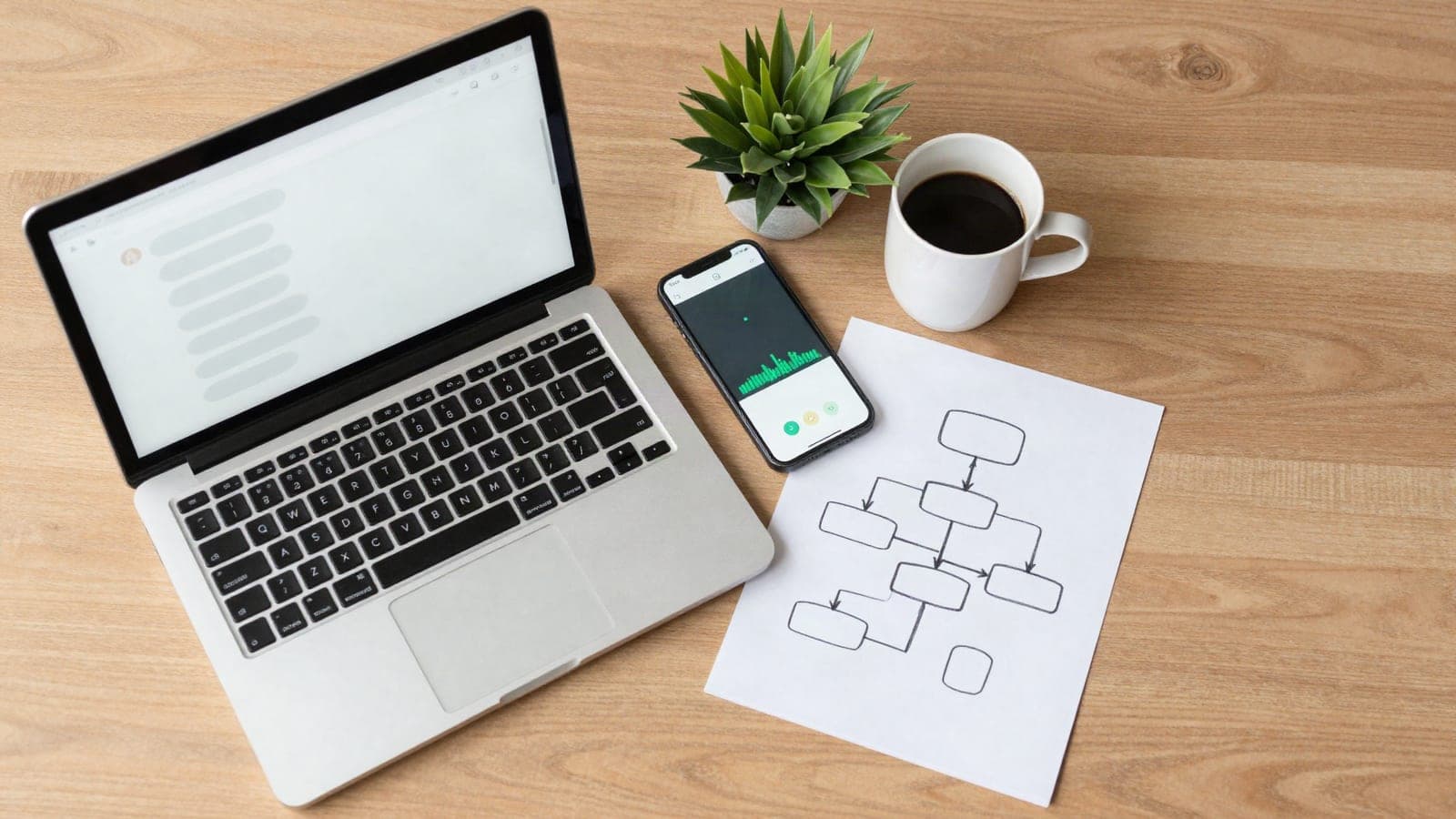 A laptop, a phone and a hand-drawn process map on a desk