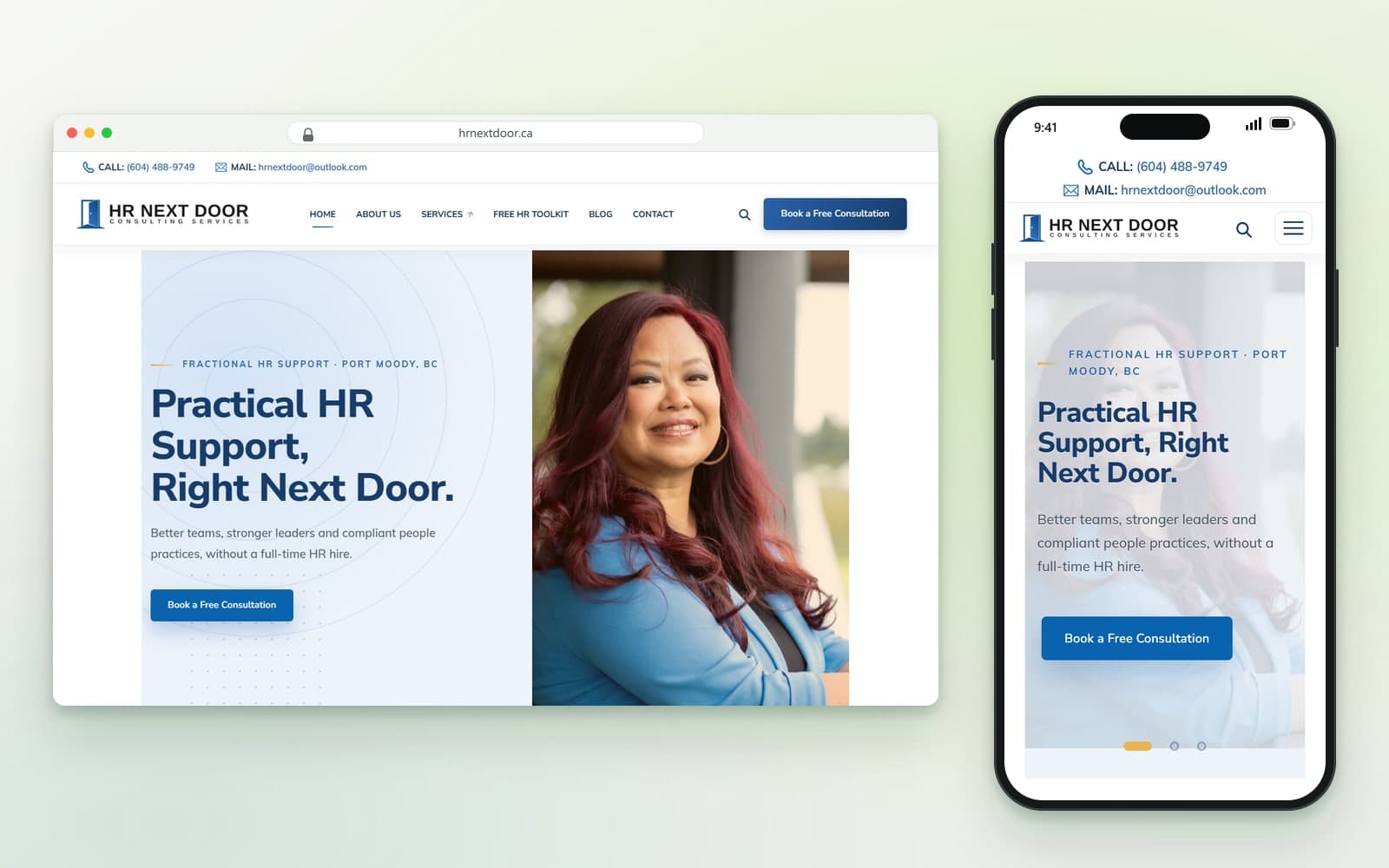 HR Next Door home page on desktop and phone, captured October 14, 2026, with Aaronna and the free consultation button