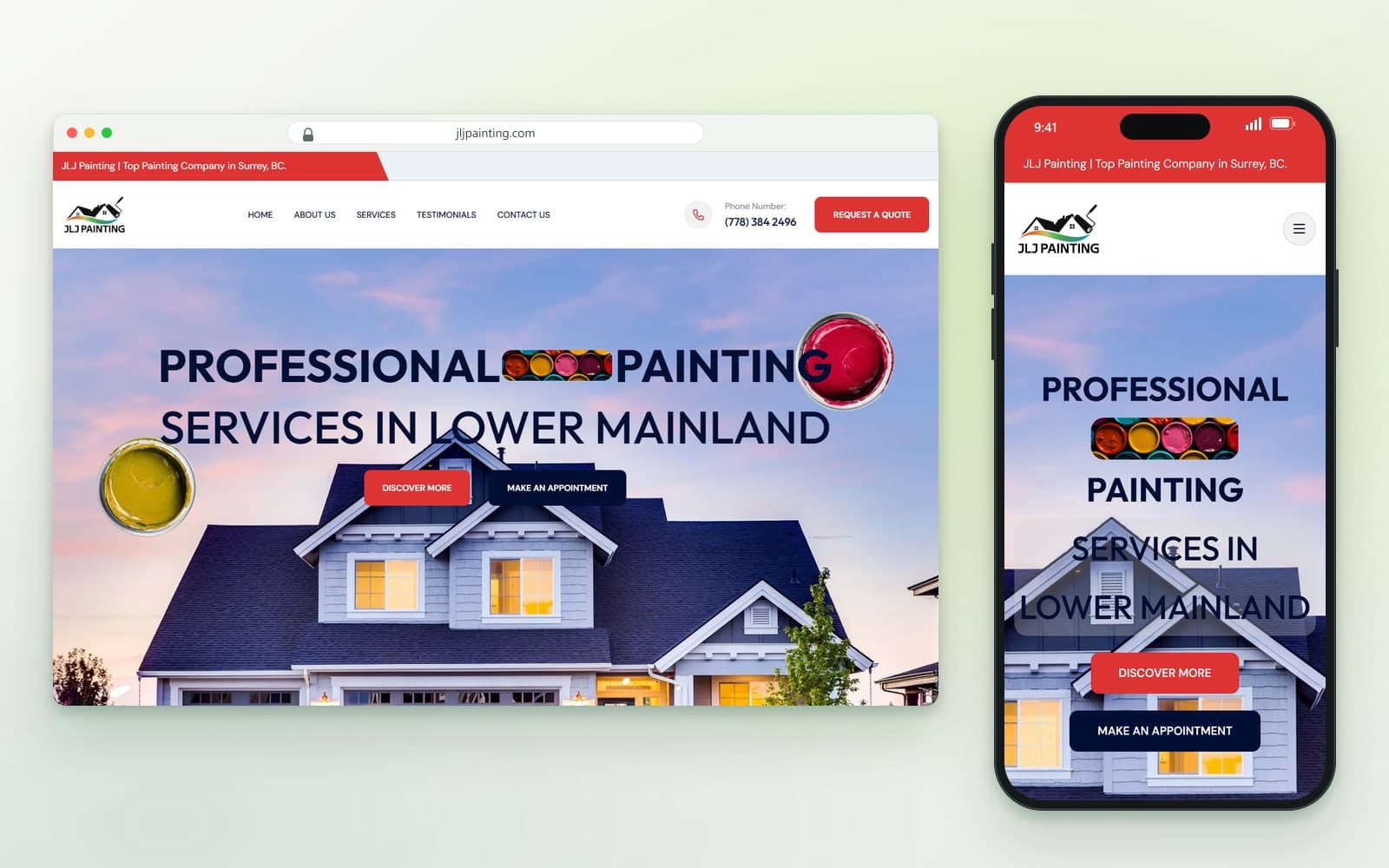 JLJ Painting home page on desktop and phone, captured October 14, 2026, with the quote button in the header