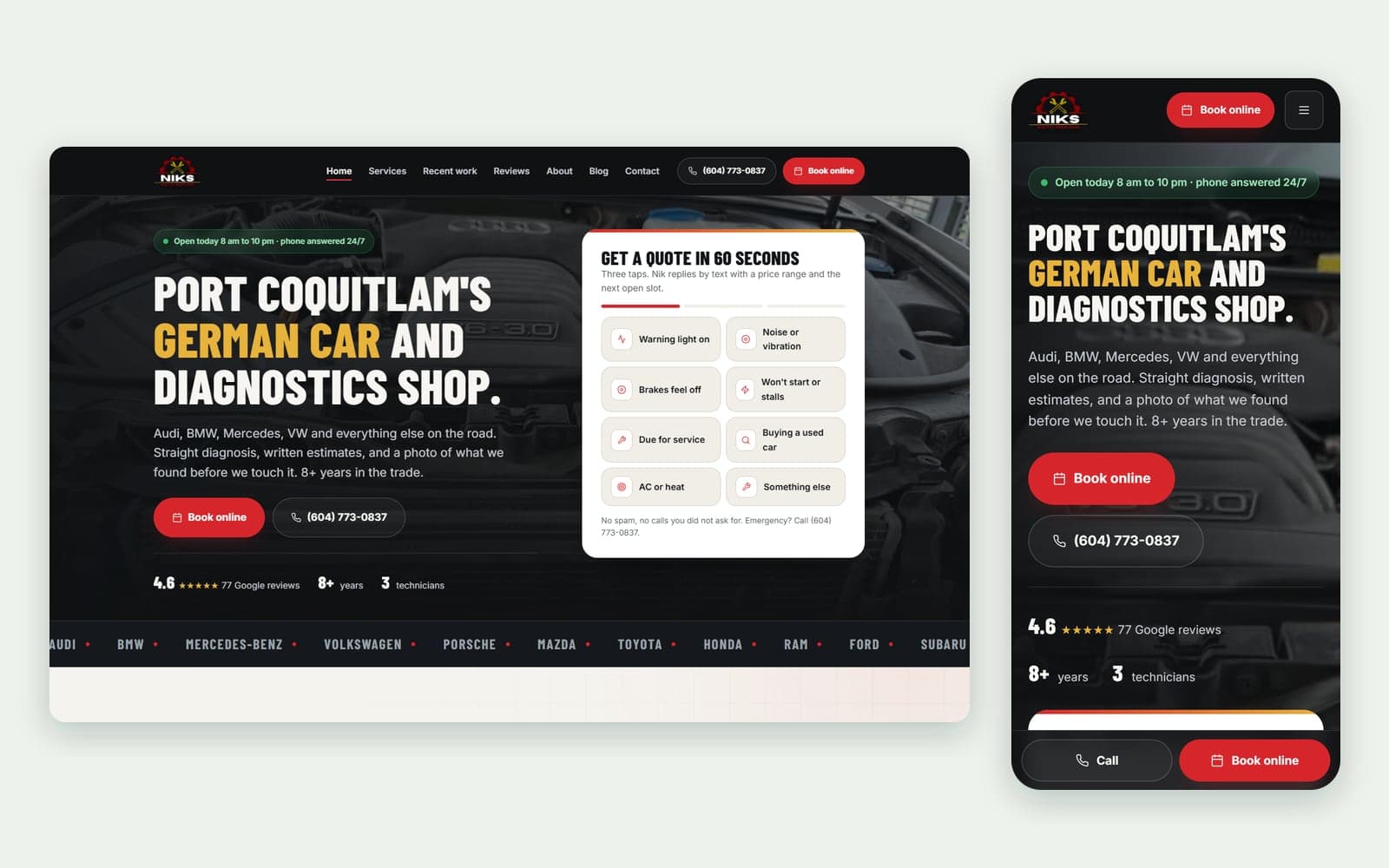 Nik's Auto Repair home page on desktop and phone, captured October 12, 2026, with the 60 second quote card in view