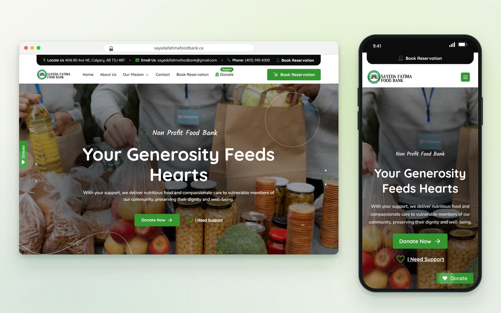 Sayeda Fatima Food Bank home page on desktop and phone, captured October 14, 2026: "Your Generosity Feeds Hearts" over a hamper being packed