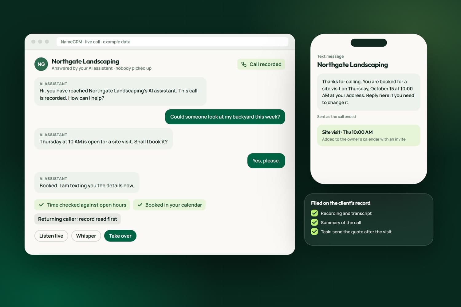 An AI receptionist call with example data: it says it is the business's AI assistant and that the call is recorded, books a site visit after checking the calendar, texts the caller a recap, and files a summary and a task