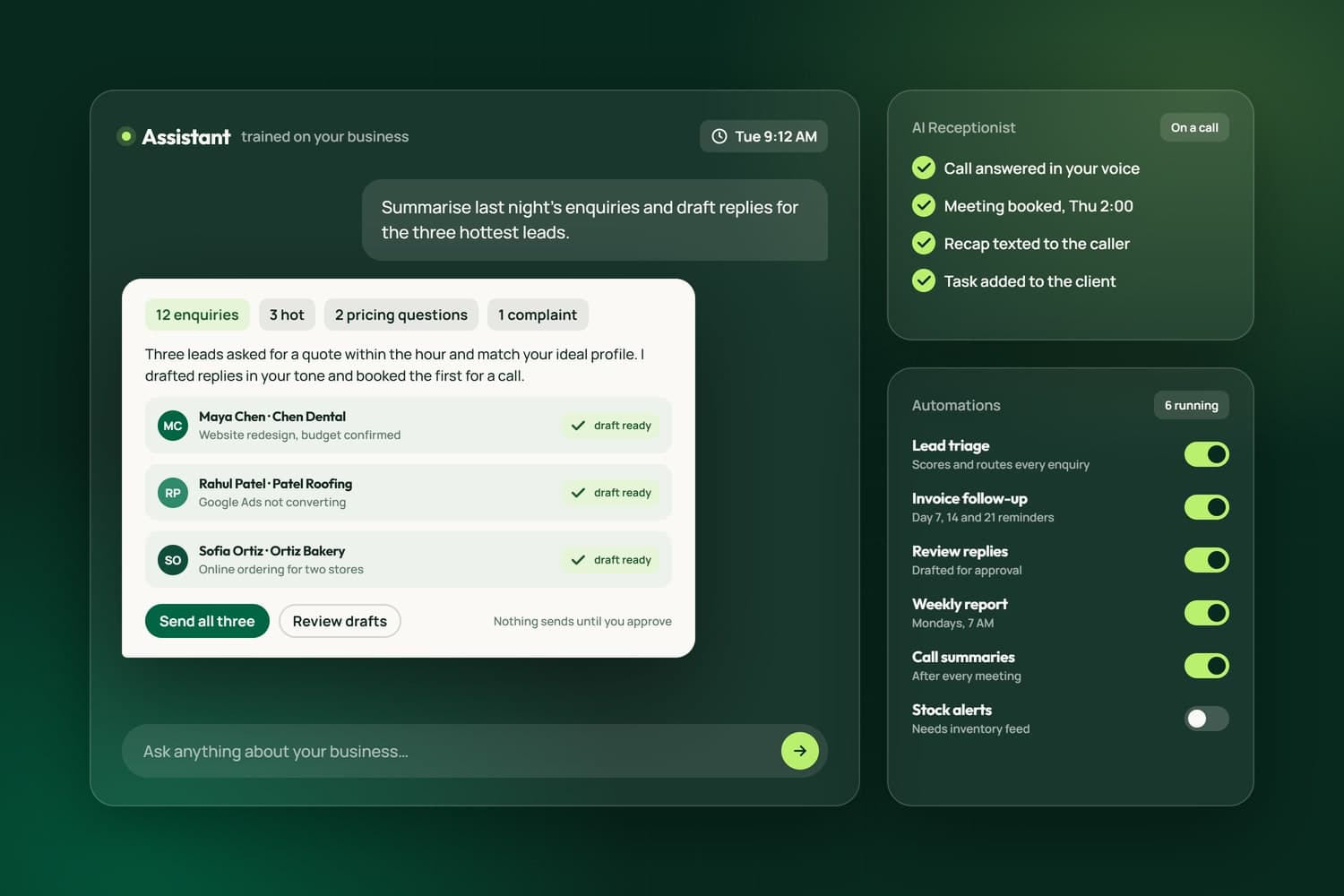 An AI assistant drafting replies for approval, the AI receptionist booking a meeting, and running automations