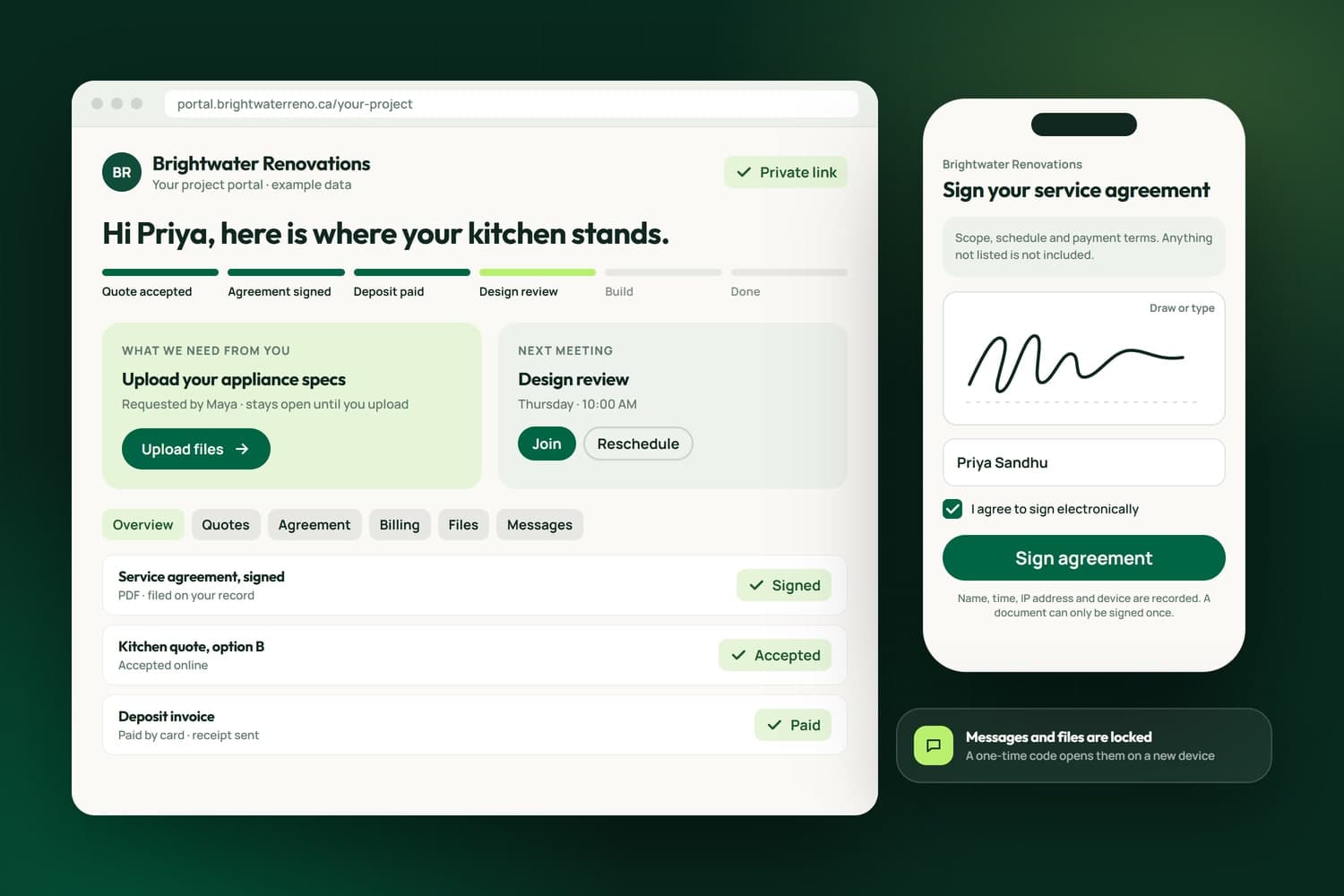 A client portal with example data: the project's steps, what the client still needs to send, the signed agreement filed, and a service agreement signed on a phone
