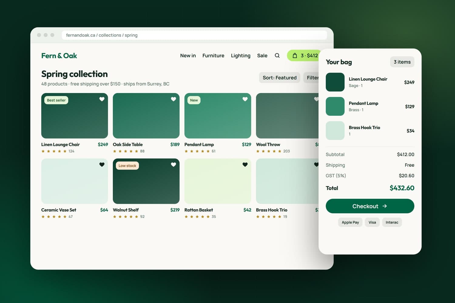 Custom e-commerce storefront with cart and checkout