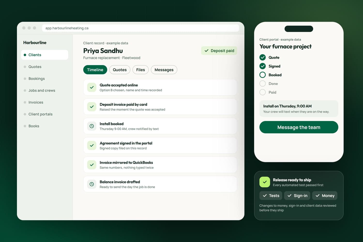 Custom software with example data: one client record running from an accepted quote to the books, the client's own portal on a phone, and a release that passed every test before it shipped