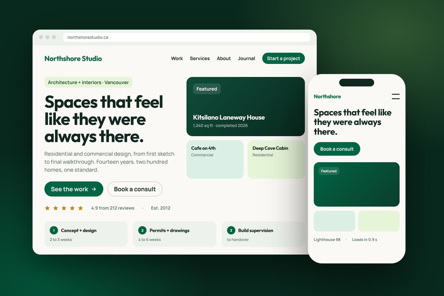 Custom website: desktop and phone layouts
