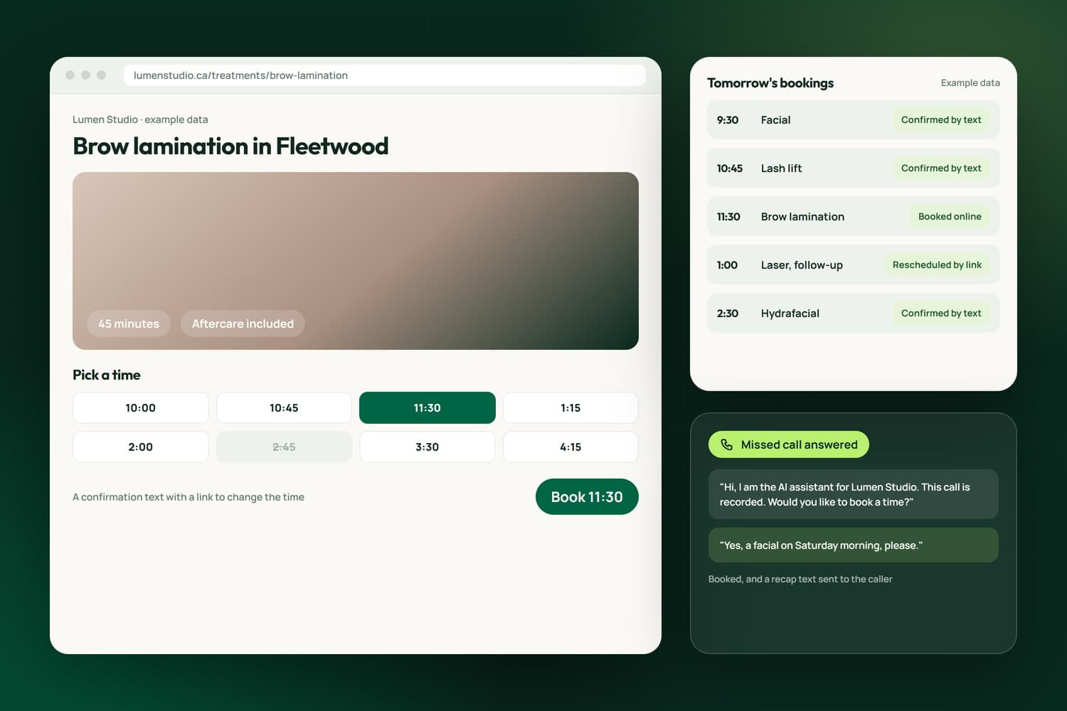A salon treatment page with a time picker, tomorrow's bookings confirmed by text, and a missed call answered and booked by an AI assistant, with example data