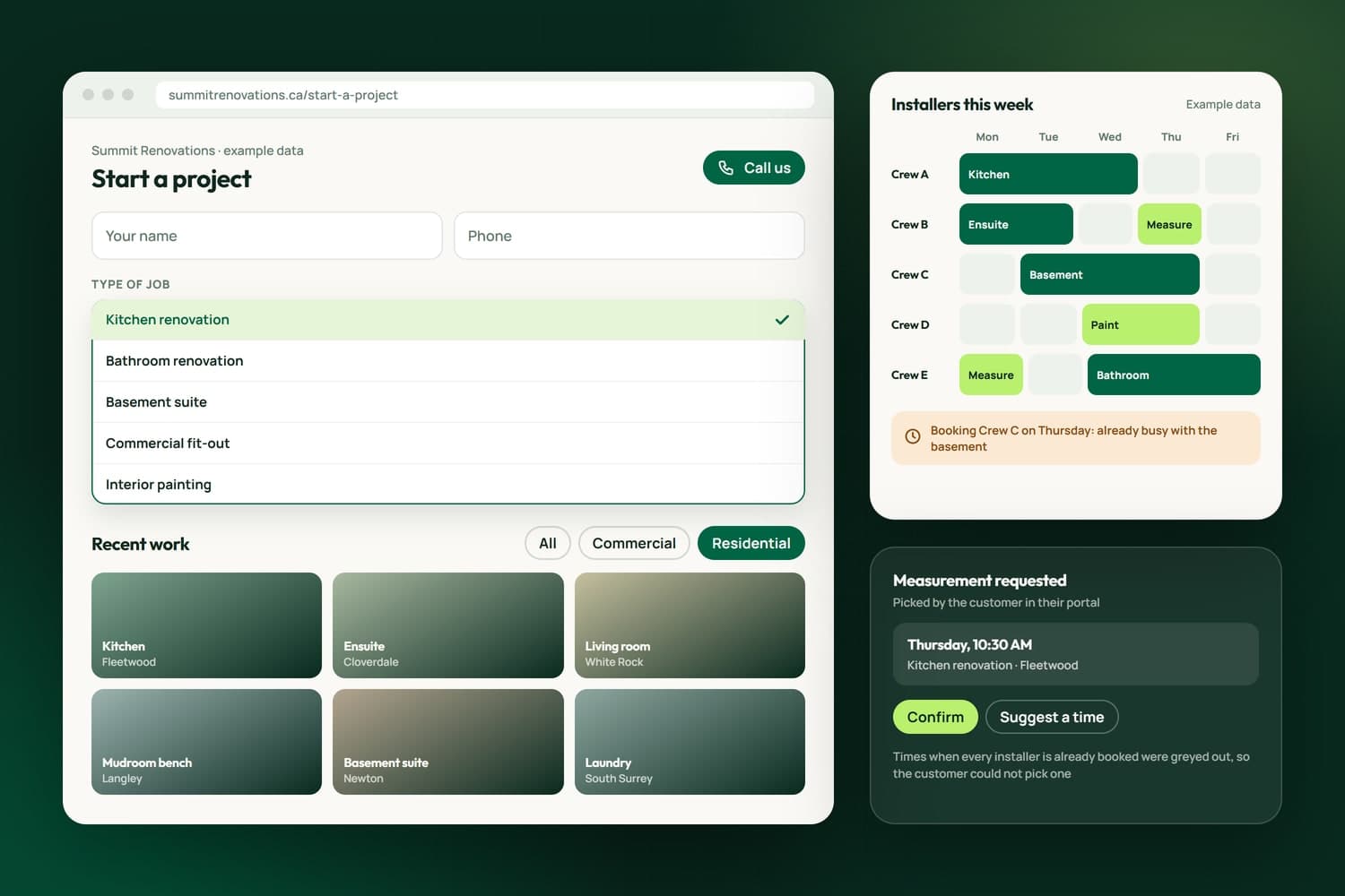 A renovation company's quote request sorted by type of job, a project gallery split into commercial and residential work, and an installer schedule for the week, with example data