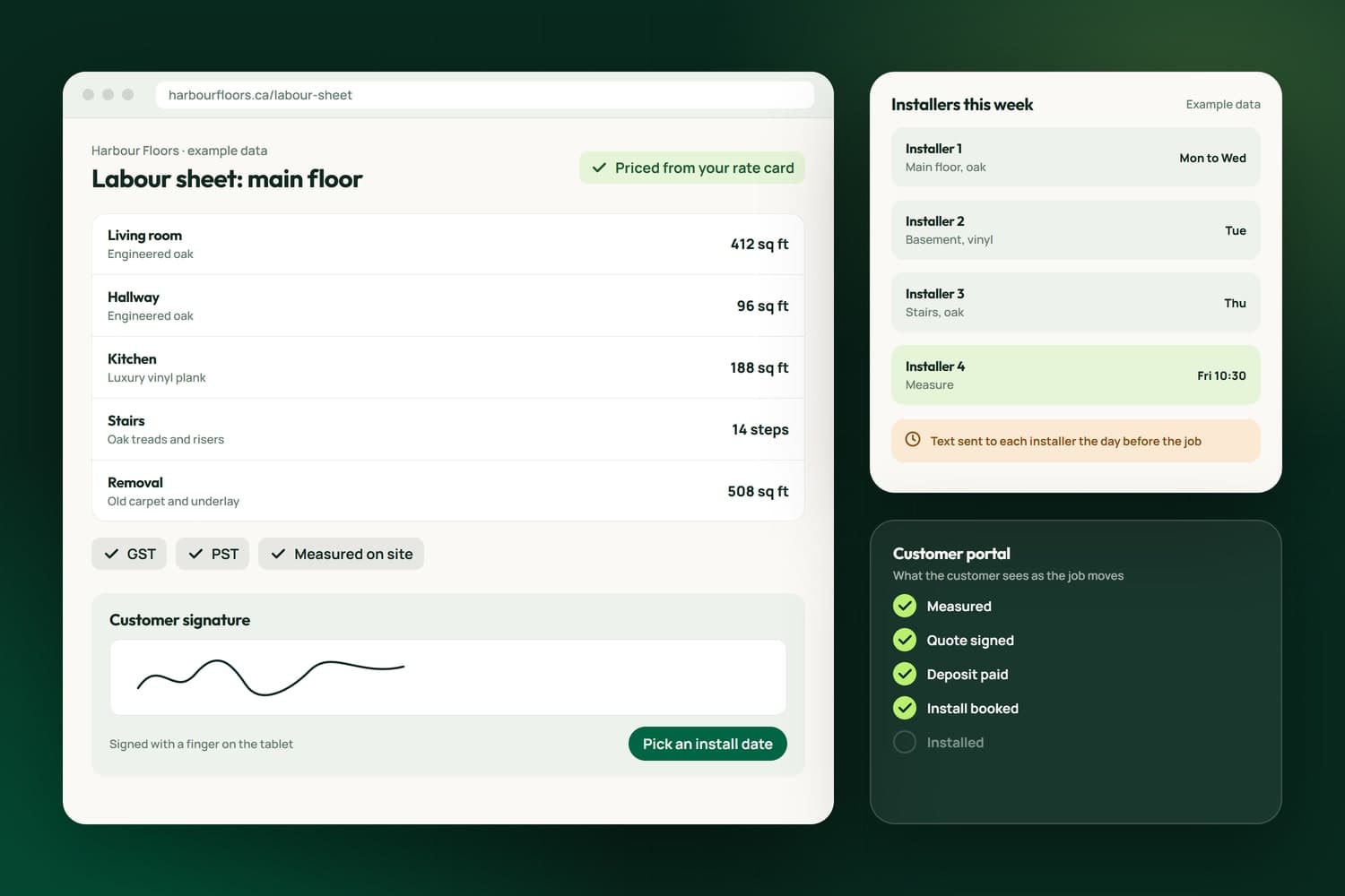 A flooring store labour sheet measured room by room and priced from the rate card, a customer signature, the installers week and the customer portal steps, with example data