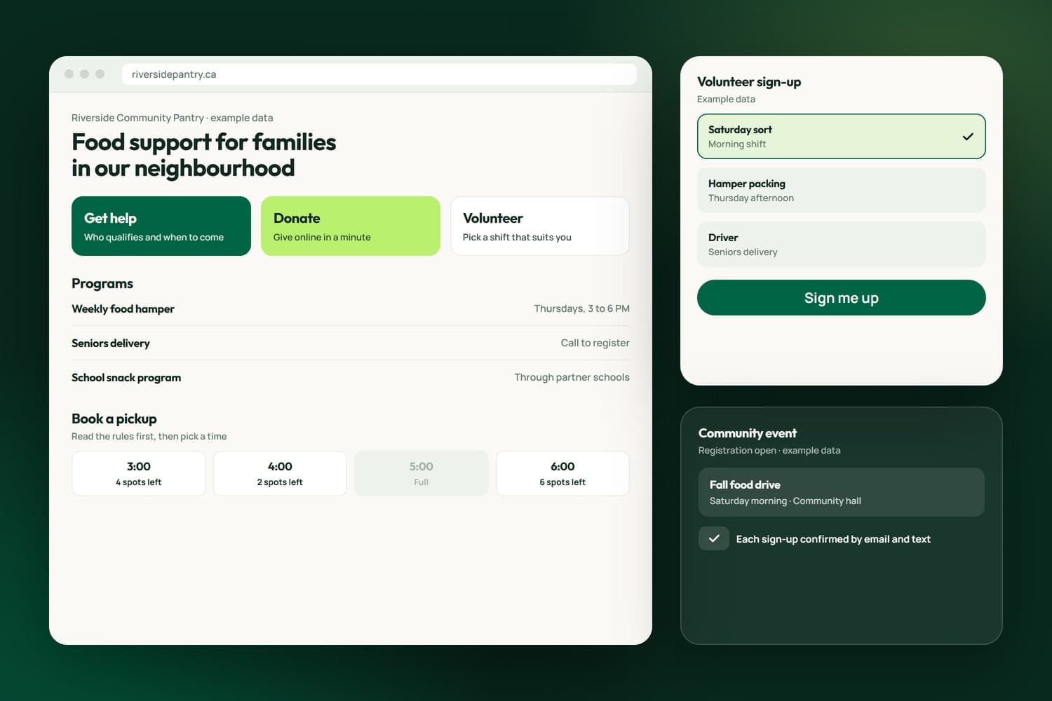 A community pantry home page with get help, donate and volunteer, its programs, pickup times with spots left, a volunteer shift sign-up and an event with sign-ups confirmed by email and text, with example data