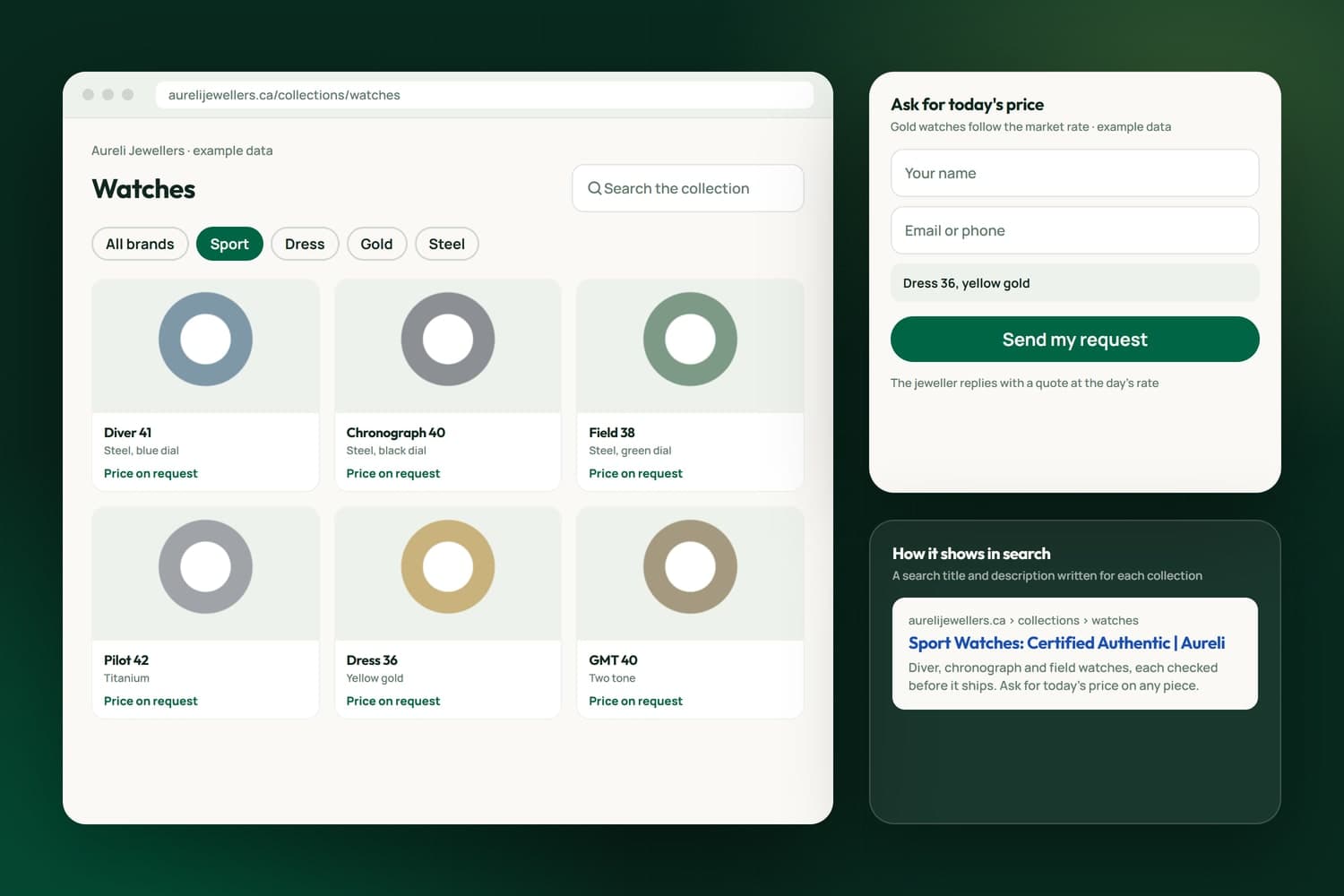 A jeweller's watch collection filtered by style with price on request, an enquiry form for the day's price, and how the collection shows in search results, with example data