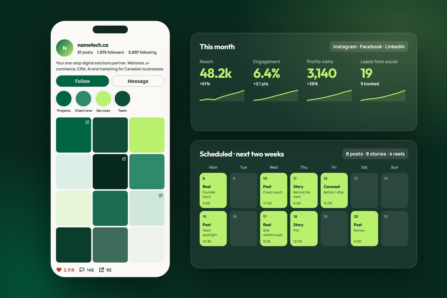 Social profile, results and content calendar